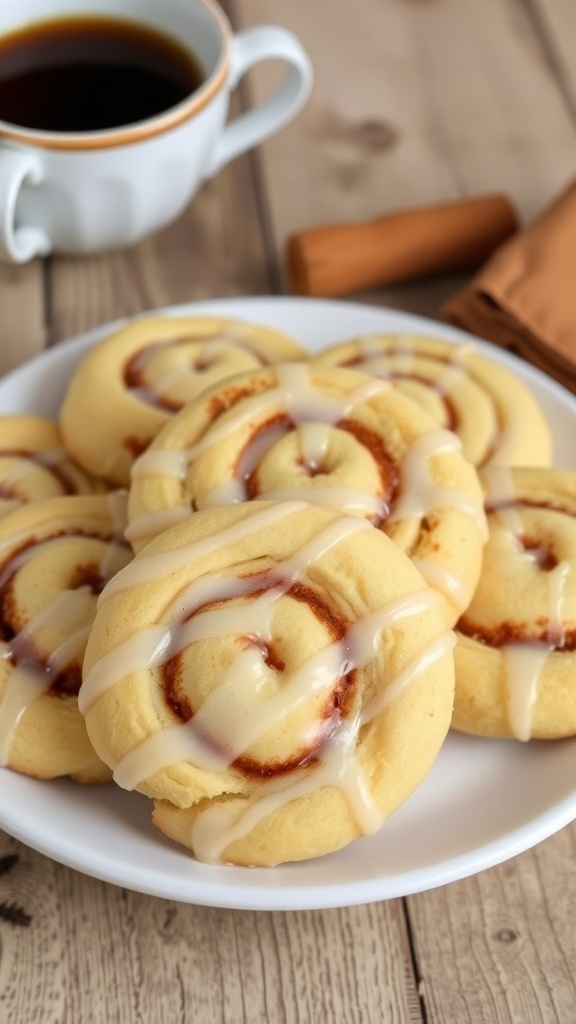 A plate of cinnamon roll cookies drizzled with glaze, surrounded by a warm kitchen setting.